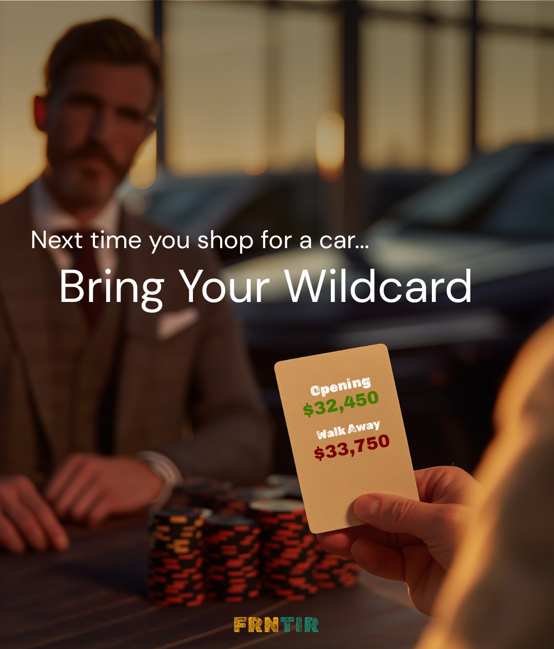 A buyer holding a wildcard with the opening and walkaway prices, across from a dealer at sunset